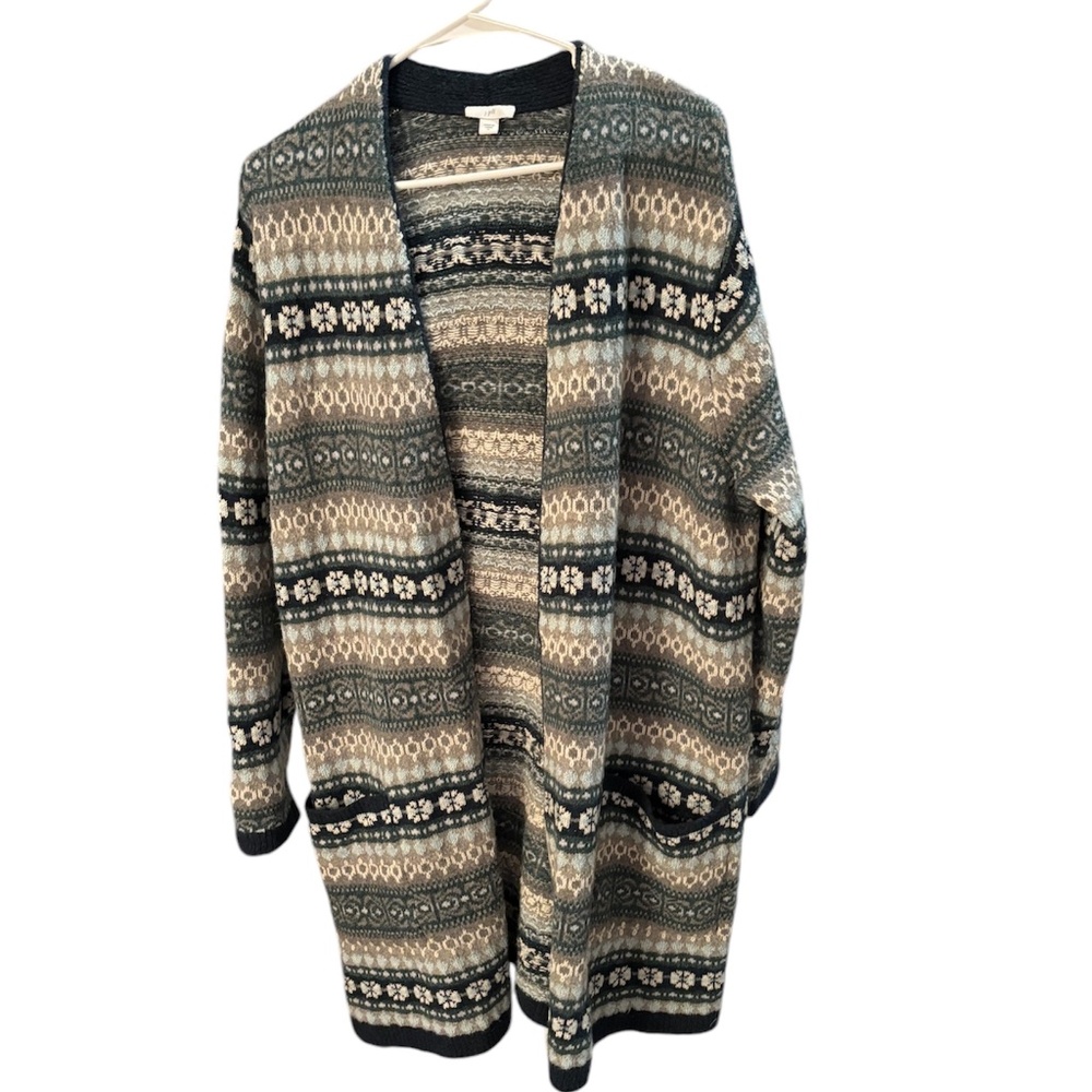 J. Jill Cozy Long Fair Isle Patch Pocket Cardigan in Blue/Grey Size XL